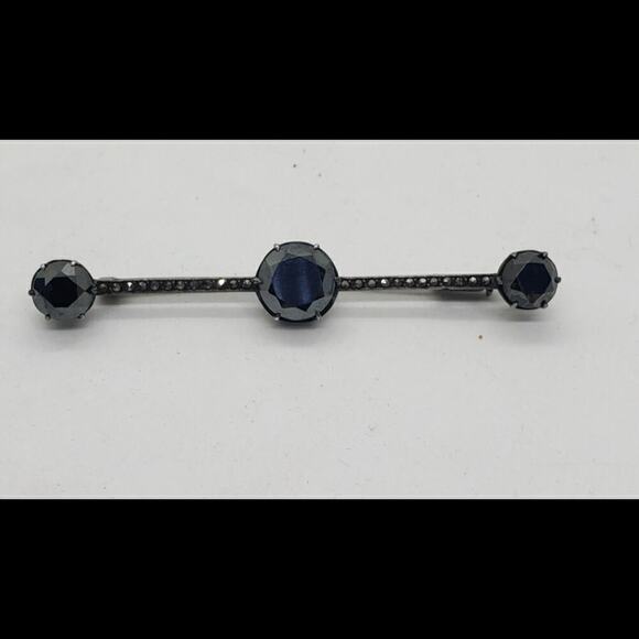 Antique Victorian Bar Brooch Sterling Silver Marcasite Spinel Trombone Clasp Vtg - Picture 2 of 10